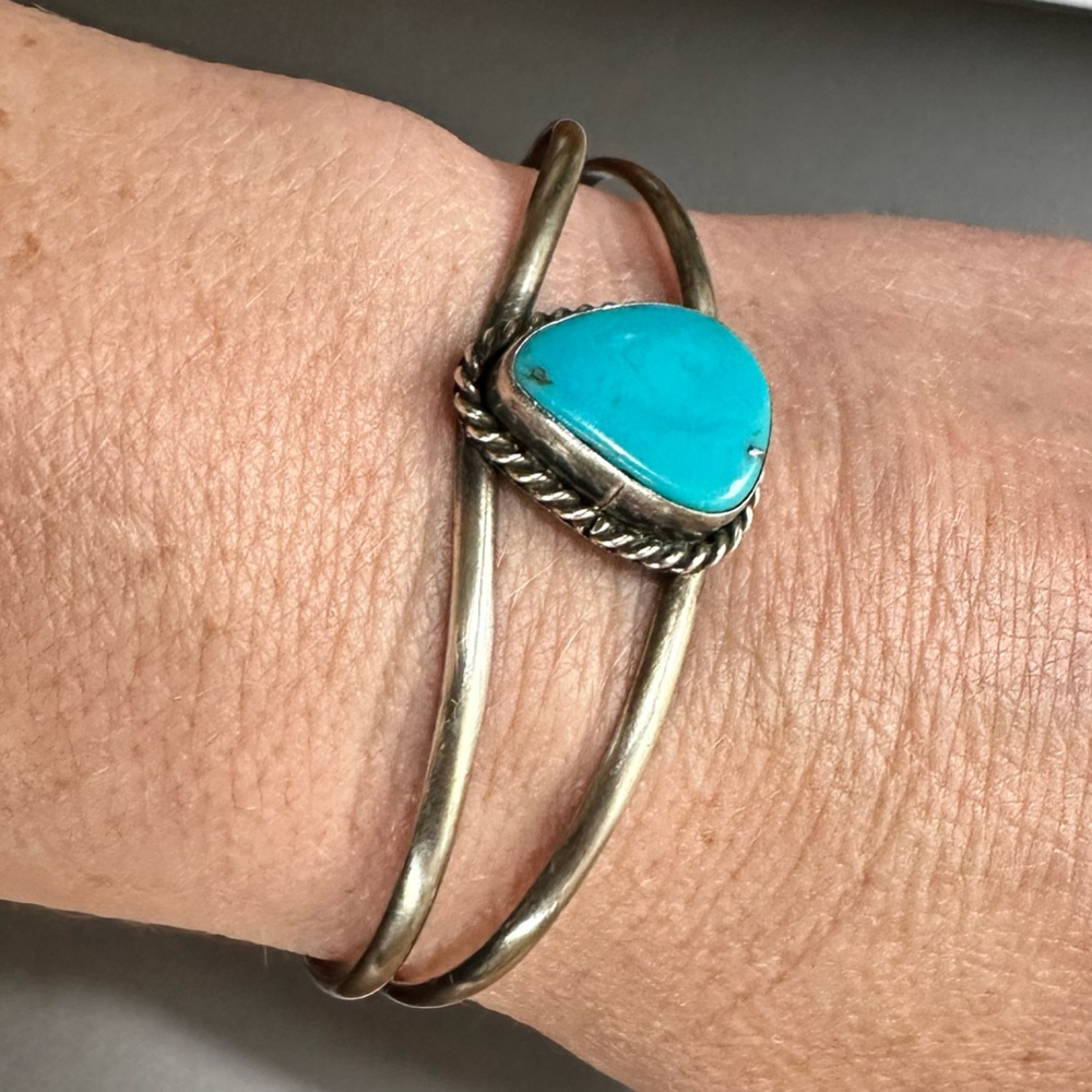 Turquoise and silver cuff bracelet vintage handmade Native American style made